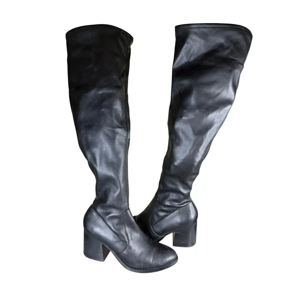 Steve Madden Black Faux Leather Over The Knee Stretch Sock Boots Size 10